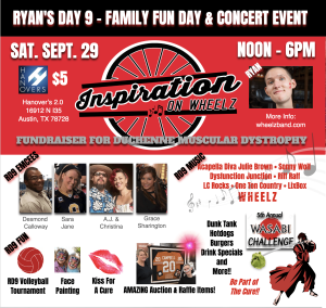 Official Ryan's Day 9 Social Media Sharing Postcard with red background & images of event emcees and attractions.
