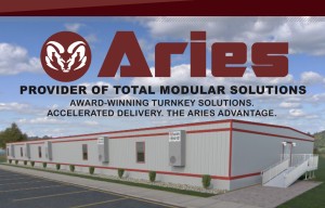 Brightly colored 3D image of a modular classroom with the words "Aries - Total Provider of Modular Solutions."