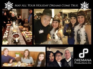 A photo montage of Dremana Productions employees at various Christmas events, looking happy and festive!