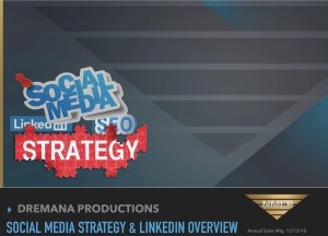 Gray background with the words "Social Media Strategy & LinkedIn for Lead Generation" above National Material L.P.logo: inverted gold triangle