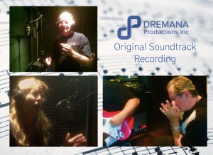 Image montage of a woman singing, men playing the harmonica and electric guitar in the Dremana Productions recording studio, Austin, Tx.