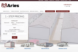Aries website homepage, featuring a dynamic video of Aries modular buildings, manufacturing facility, and aerial views of their location in Troy, Texas.