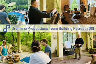 Brightly colored picture collage of Dremana Production's 2019 Team Building Retreat, featuring team members around a pool, doing yoga, and attending a workshop outside in a patio setting.