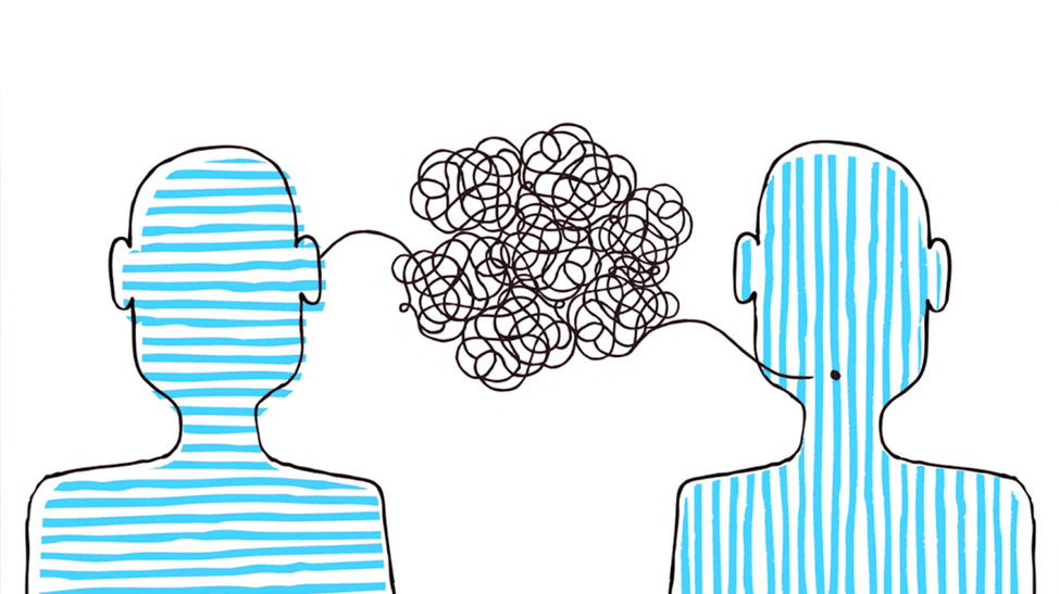 An illustration of two heads, colored in with blue stripes—one vertical stripes, the other horizontal stripes. A black line is coming out of the mouth of the figure on the right, and, in the space in between the figures, the line becomes a spiral jumble, then it enters the brain of the figure on the right. 