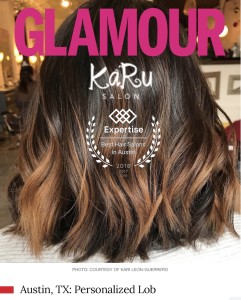 Magazine cover image of a brunette's beautiful hair from the back