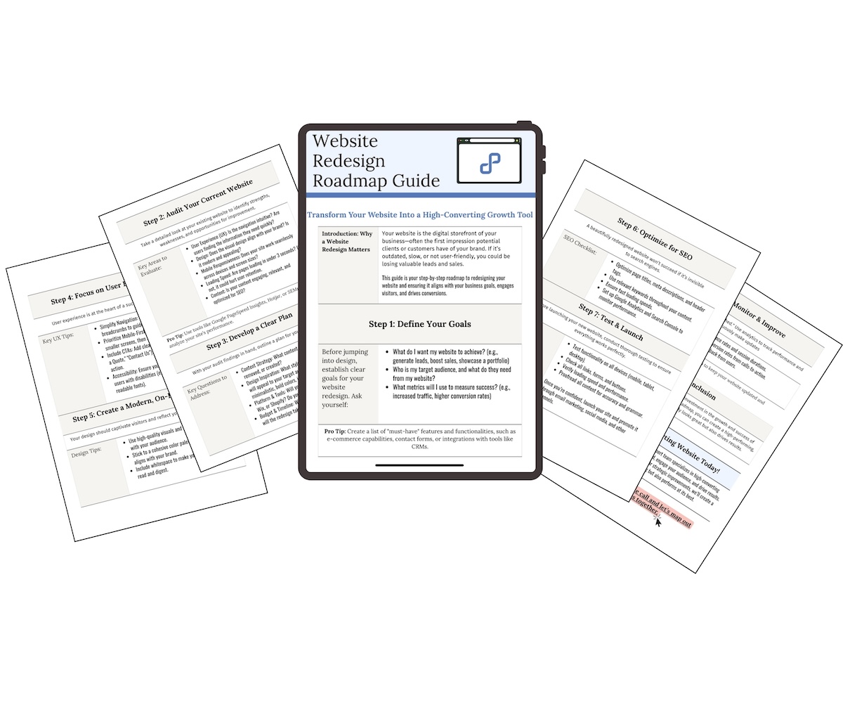 Visual layout of a 'Website Redesign Roadmap Guide' displayed on a tablet, surrounded by five printed pages outlining the steps of a website redesign process including goal setting, auditing, planning, UX design, SEO, and launch